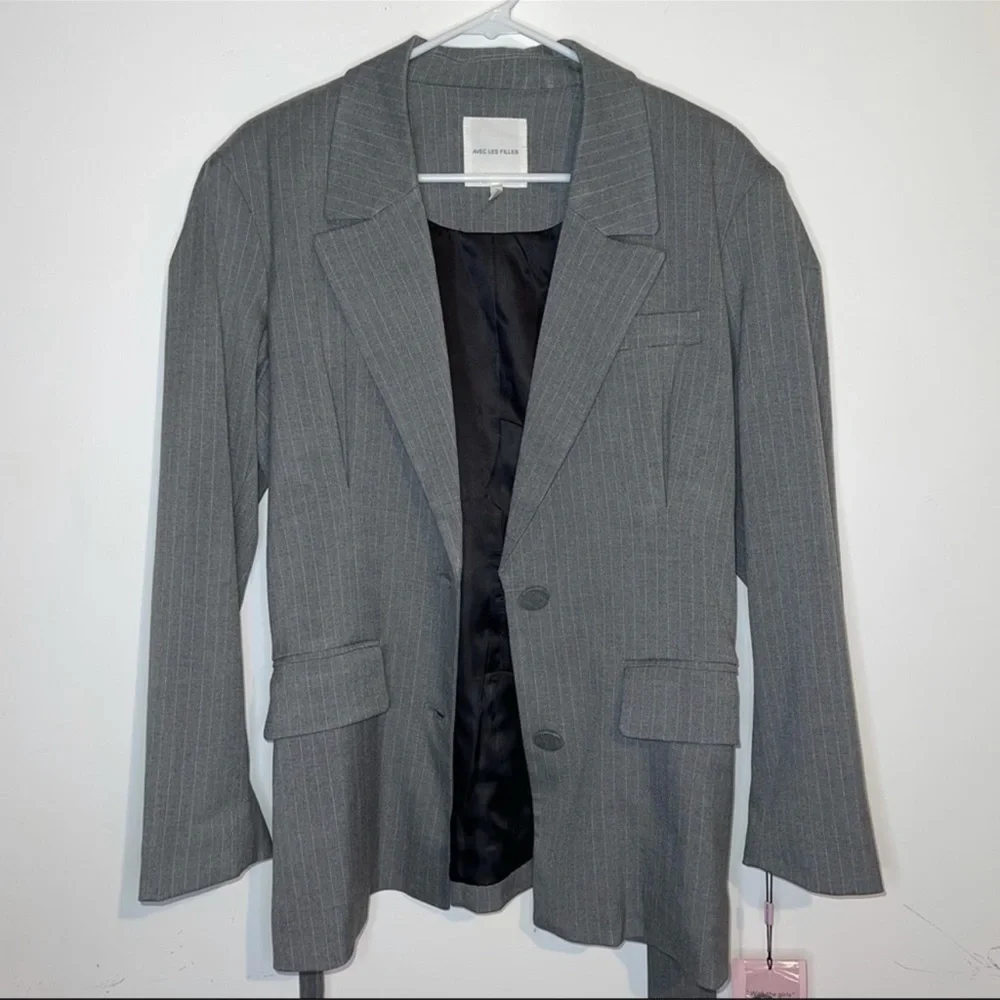 Avec Les Filles Belted Grey Pinstripe Blazer Jacket - Picture 8 of 14